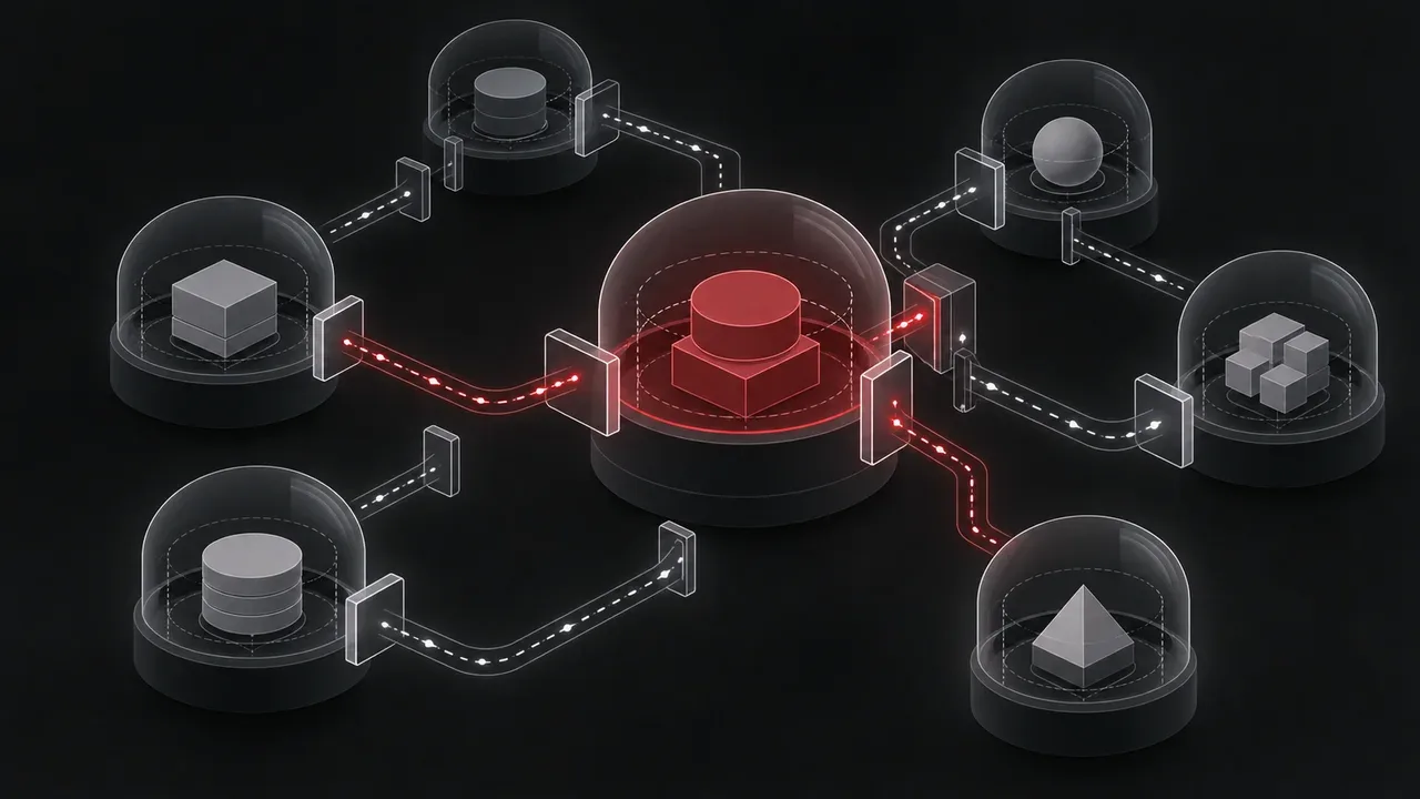 Diagrama conceitual de nós modulares e passagem de mensagens autônomas