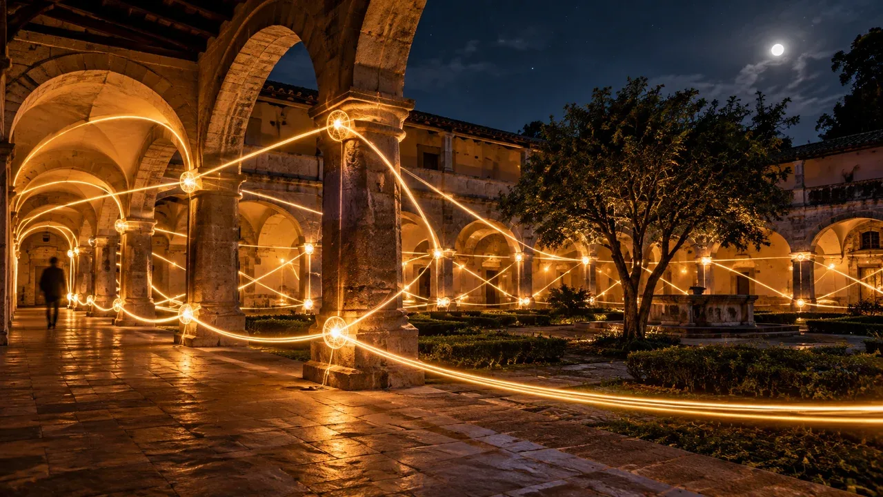 Rastros de luz conectando nós estruturais em pátio noturno