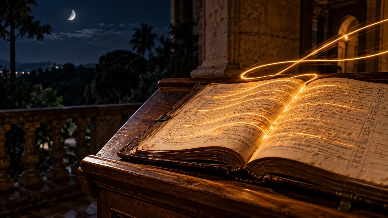 Feixes luminosos focando sobre páginas de livro de registro