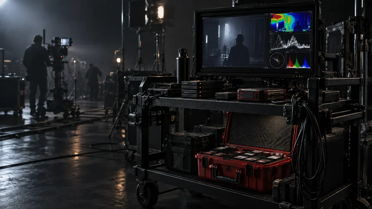 Câmera de cinema digital montada em tripé com matte box e cabos no set de filmagem