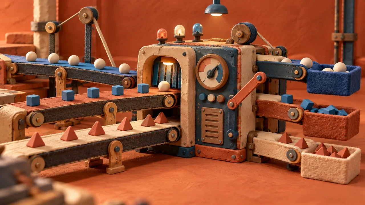 Miniatura artesanal em massinha e feltro ilustrando o fluxo estruturado de triagem e processamento de instruções