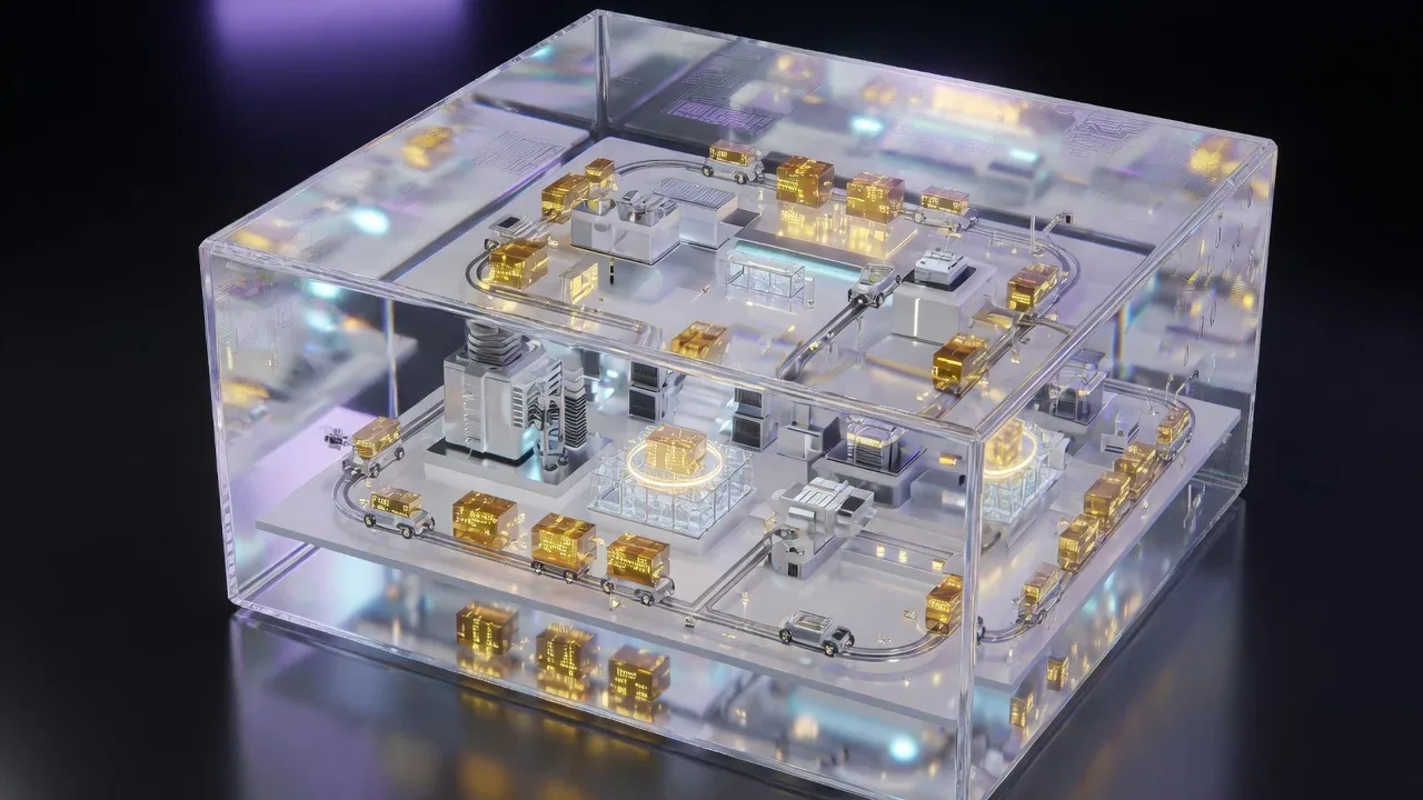 CGI publicitário em plano médio de servidores em miniatura reutilizando documentos em bloco cristalino