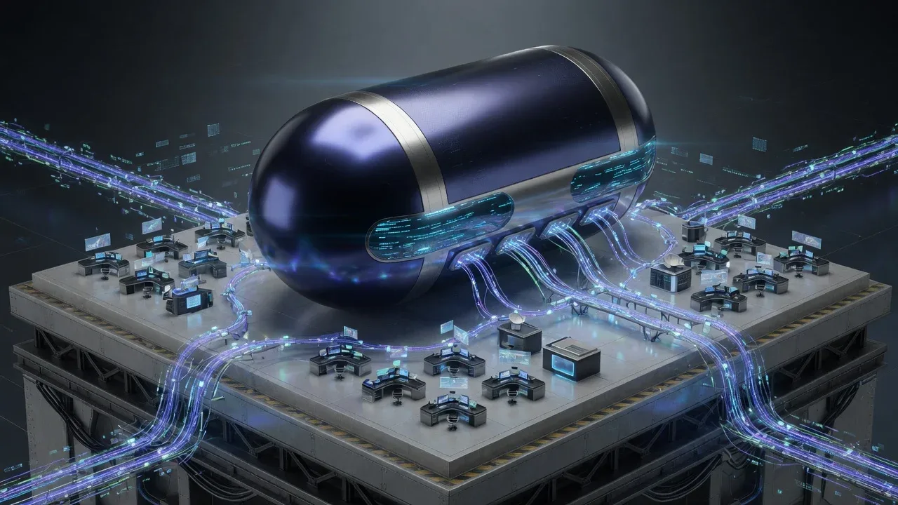 CGI publicitário em plano de detalhe de uma cápsula de memória com pontes de distribuição de dados