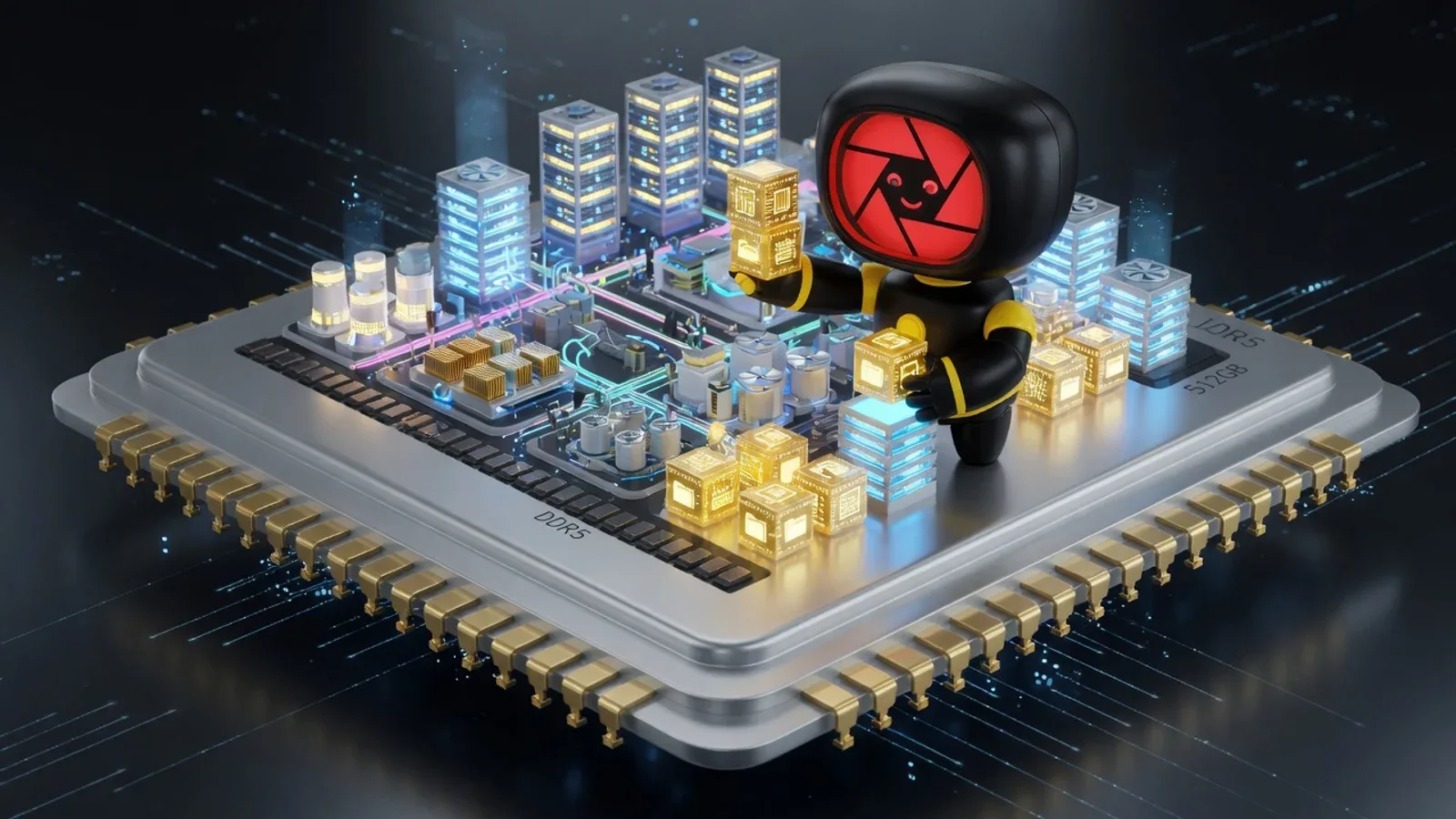 CGI publicitário em estilo worldinobject mostrando o mascote organizando blocos de dados sobre uma memória flash