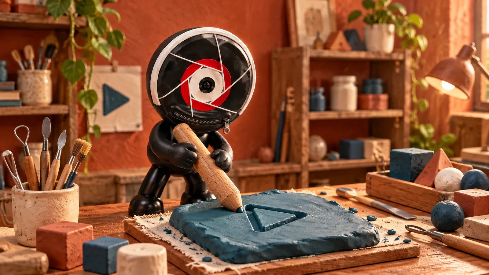 O mascote da MaxVision esculpido em massinha estilizada como protagonista gravando instruções em oficina artesanal