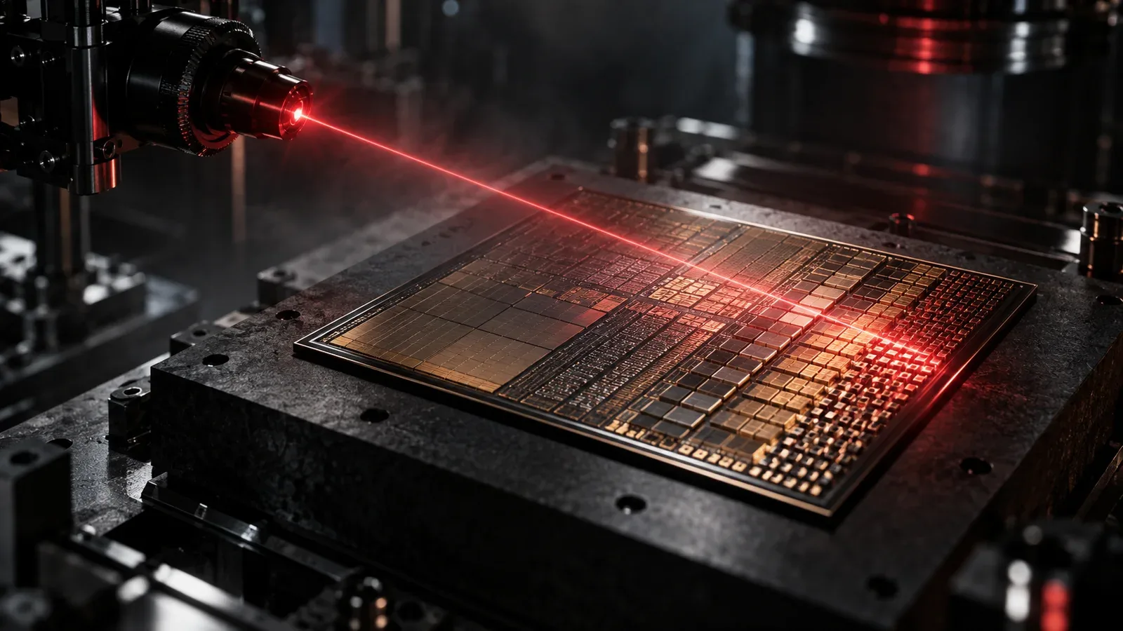 Processador de silício para IA com feixe laser carmim rasante iluminando matrizes de quantização