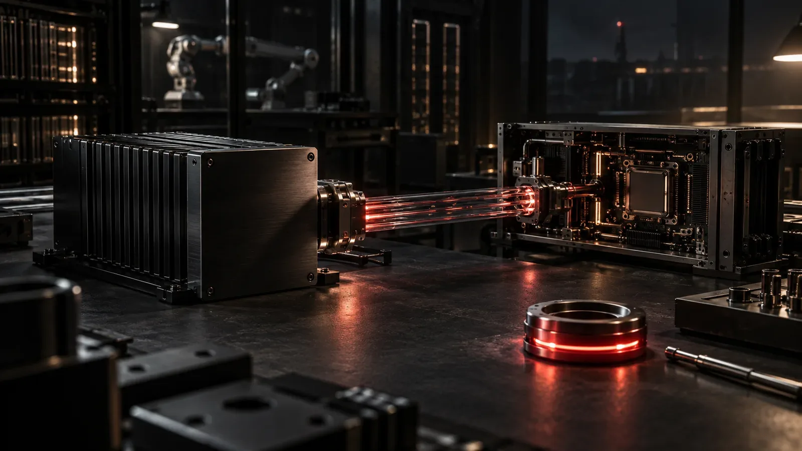 Bancada de laboratório de inteligência artificial com unidade de indexação em grafite e indicador físico luminoso em primeiro plano