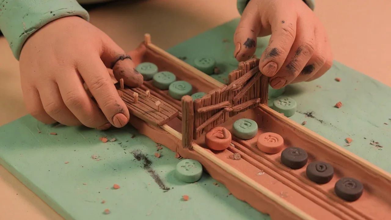 Detalhe em estilo stop-motion mostrando comporta mecânica em miniatura filtrando tokens de memória