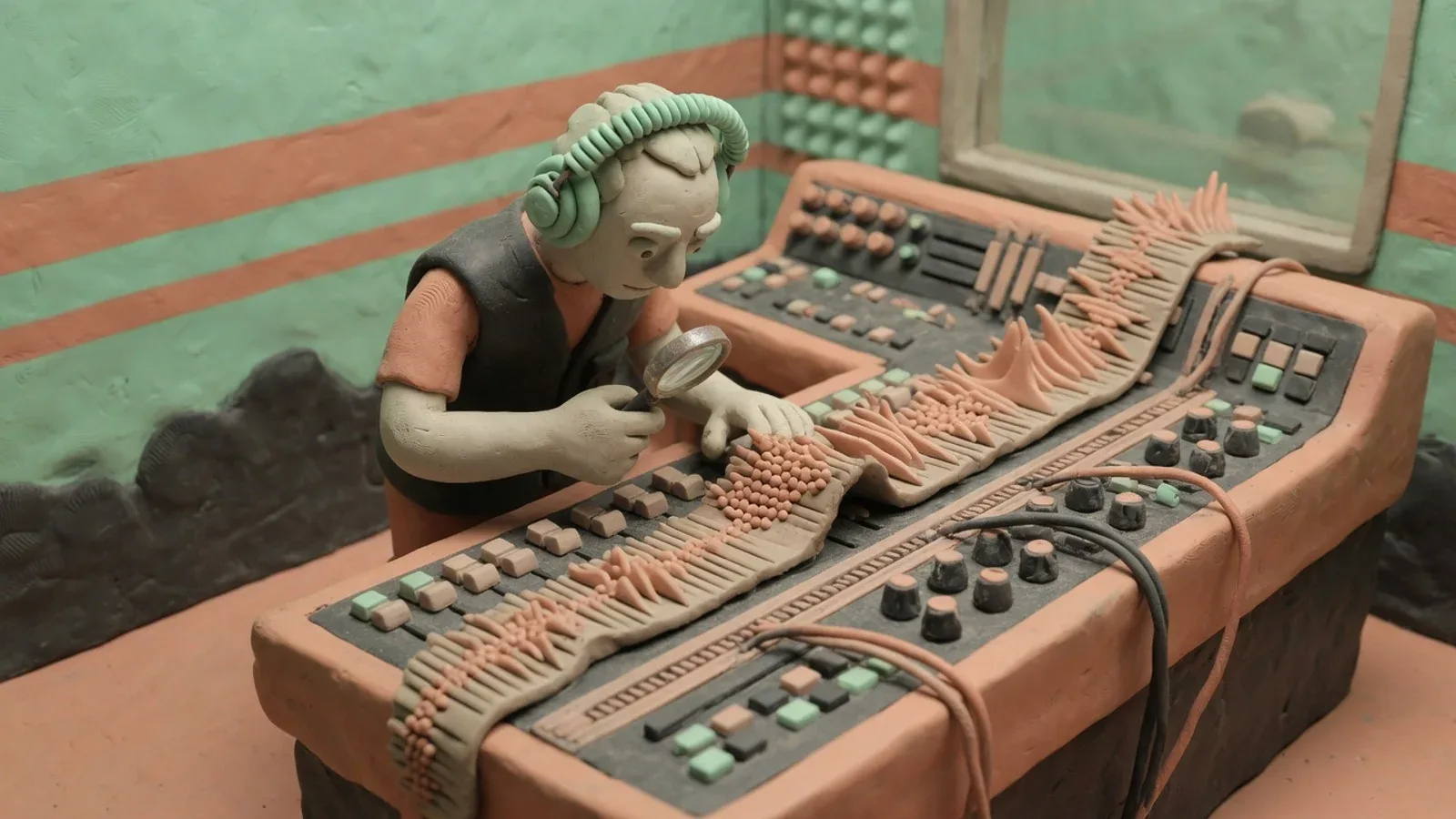 Miniatura em stop-motion de massinha mostrando técnico de som analisando ondas sonoras em sequência