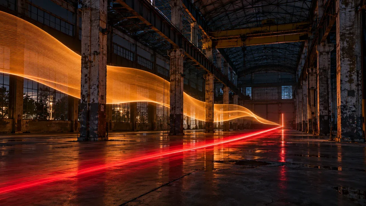 Fluxos de luz em longa exposição cortando o chão de fábrica e contrastando faturamento bruto com lucro contábil