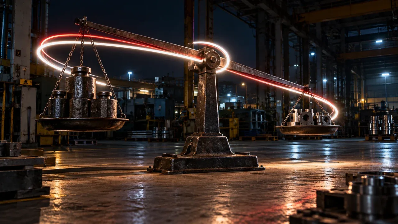 Balança industrial em longa exposição noturna com rastro de luz vermelha e branca calibrando ponto de equilíbrio financeiro