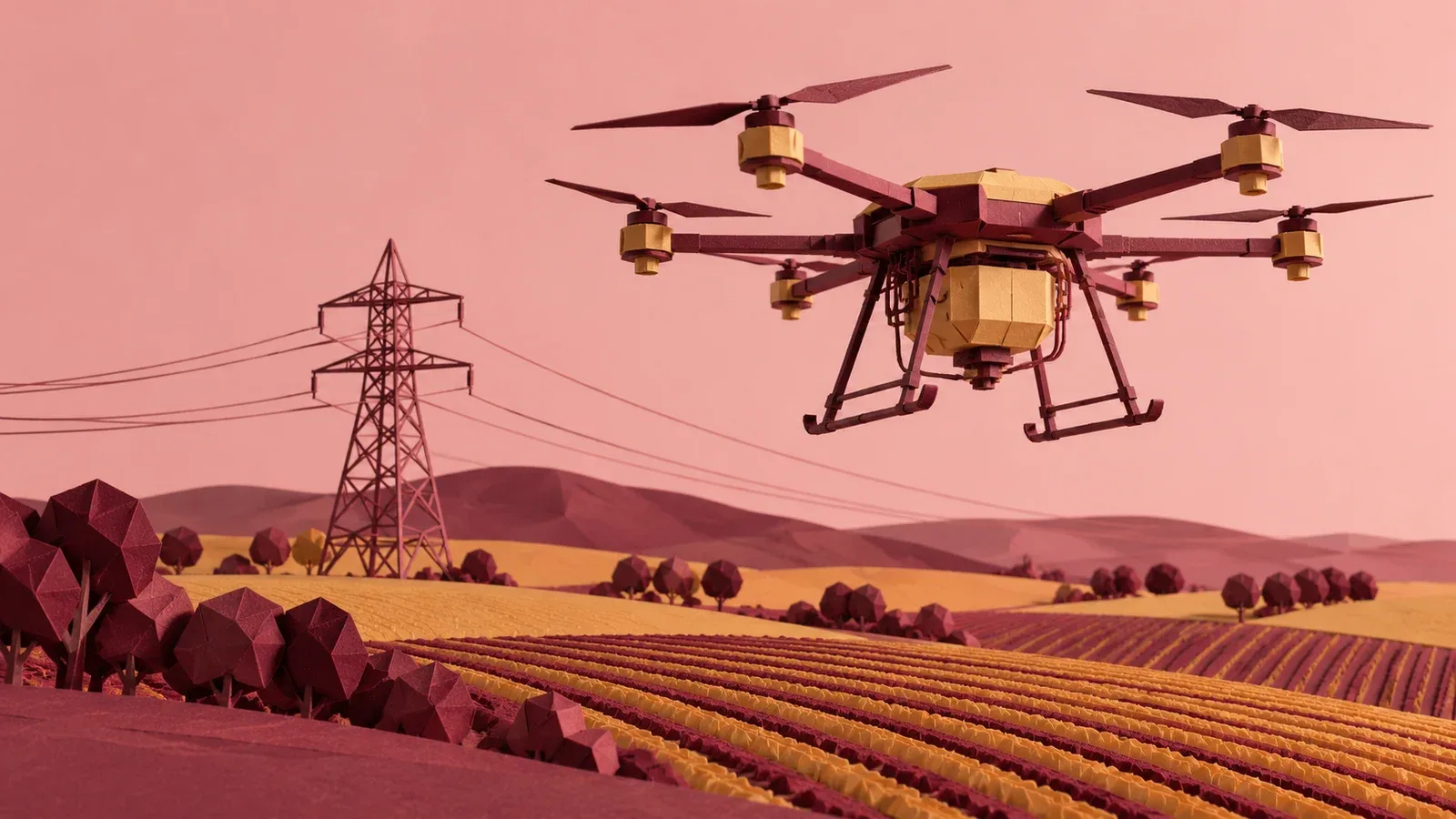 Escultura em papel dobrado representando uma aeronave remotamente pilotada com múltiplos rotores sobre campos agrícolas