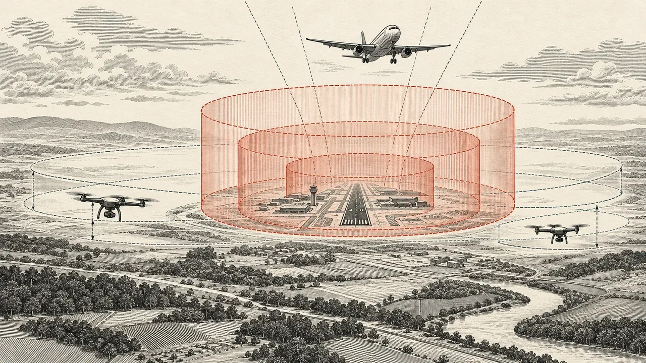 Ilustração em estilo gravura mostrando cilindros de exclusão aérea ao redor de pista de pouso com drones operando em camadas inferiores
