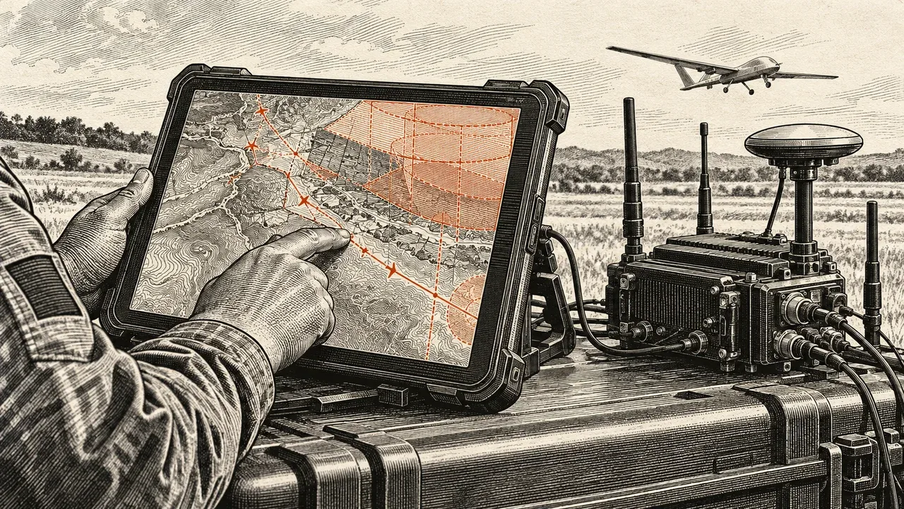 Detalhe em estilo gravura de tela de controle de voo com coordenadas geográficas e módulo aviônico de drone