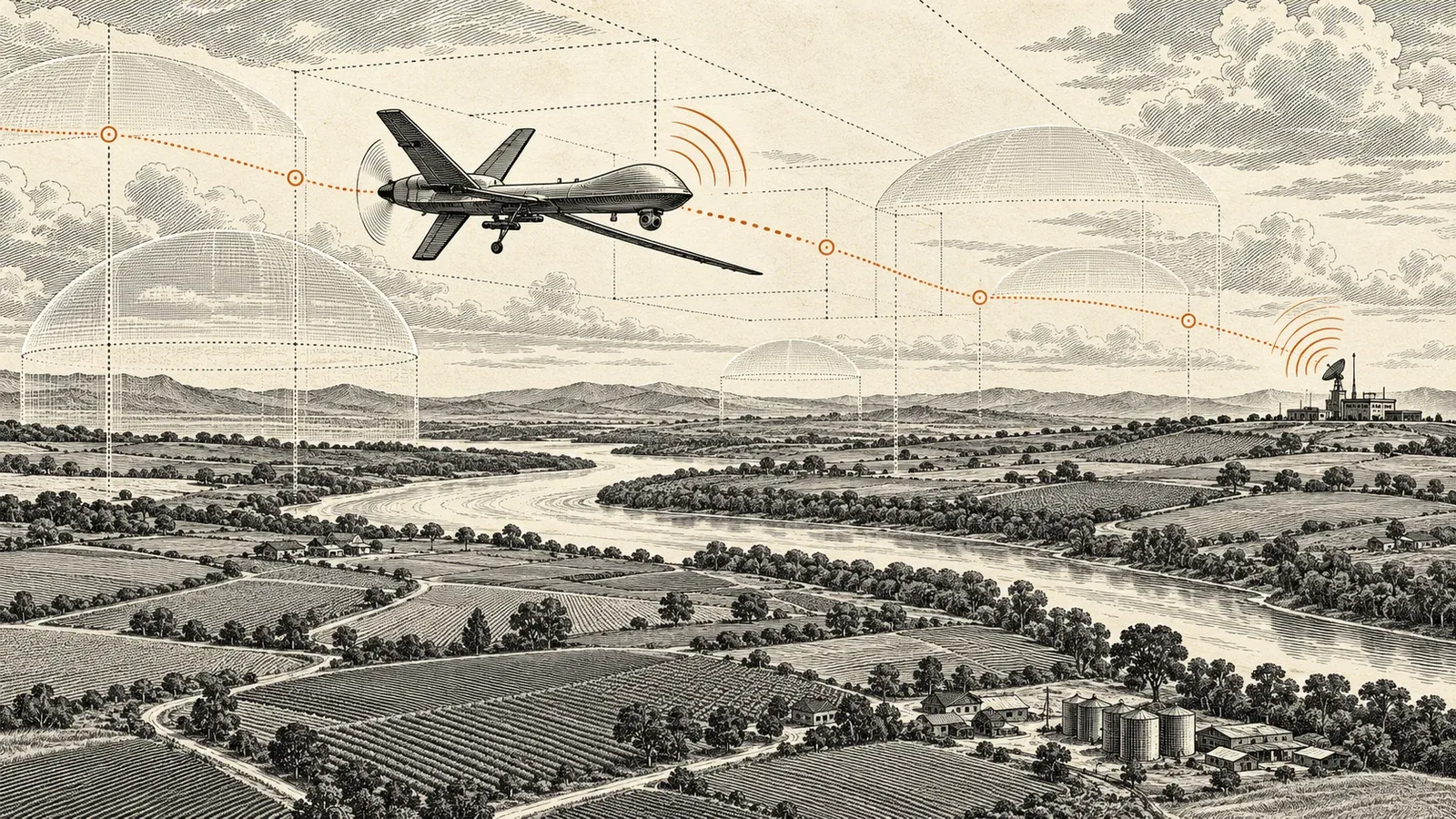 Cena aérea detalhada em estilo gravura com rotas de voo de drones e corredores de espaço aéreo sobre áreas rurais
