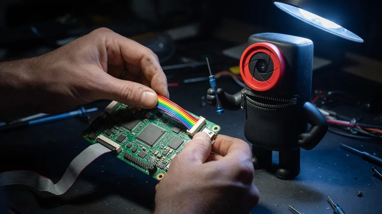 Mãos de engenheiro ajustando conexões com placa de desenvolvimento ao lado do mascote da MaxVision auxiliando com ferramenta de precisão
