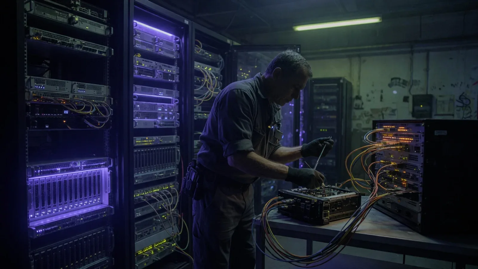 Engenheiro de software realizando testes de comunicação em terminal portátil conectado a kit de desenvolvimento em datacenter em São Paulo