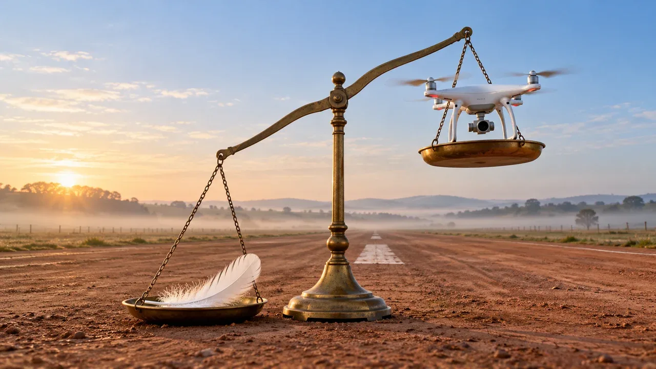 Balança mecânica surrealista equilibrando uma pluma leve com um drone quadricóptero flutuante