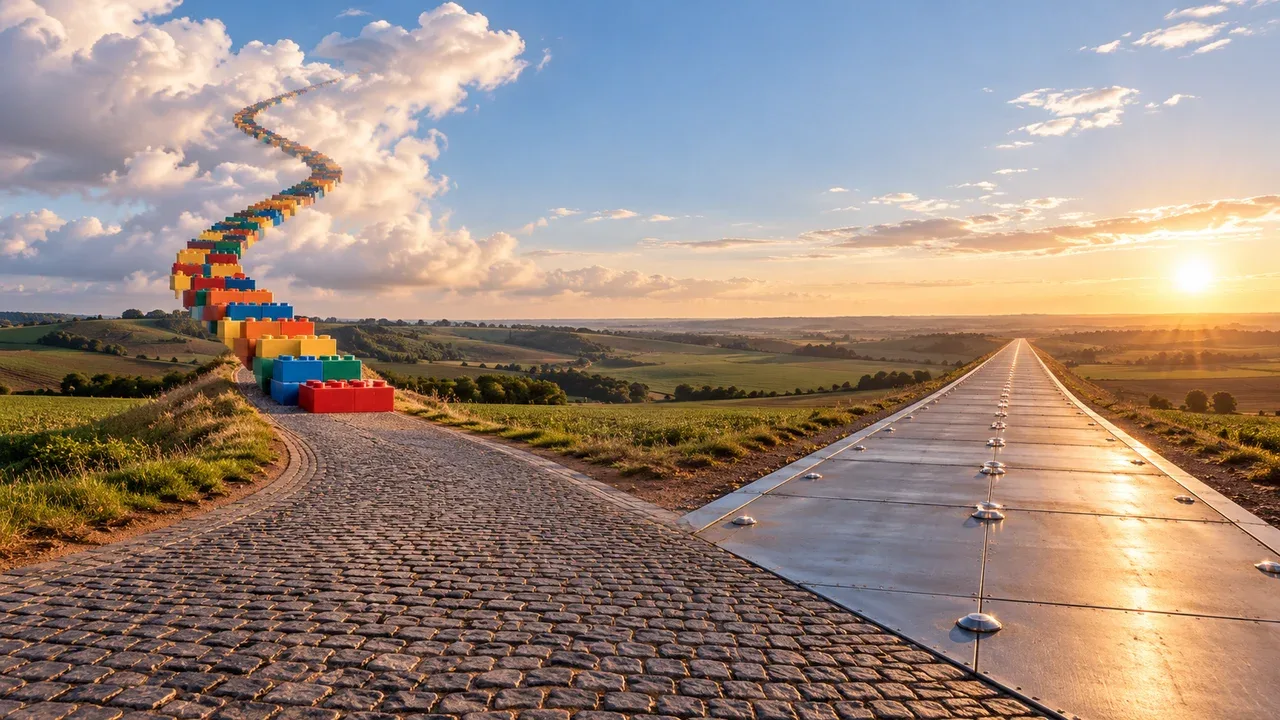 Bifurcação surrealista em estrada rural contrastando caminho lúdico infantil e pista de pouso técnica de titânio