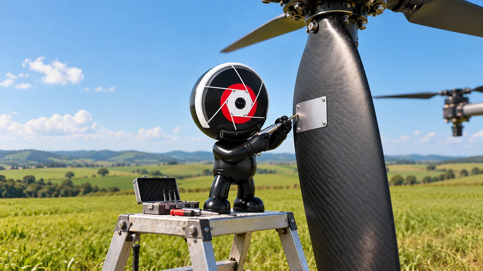 O mascote MaxVision como inspetor de registro aeronáutico em campo aberto ajustando placa de identificação em chassi de drone