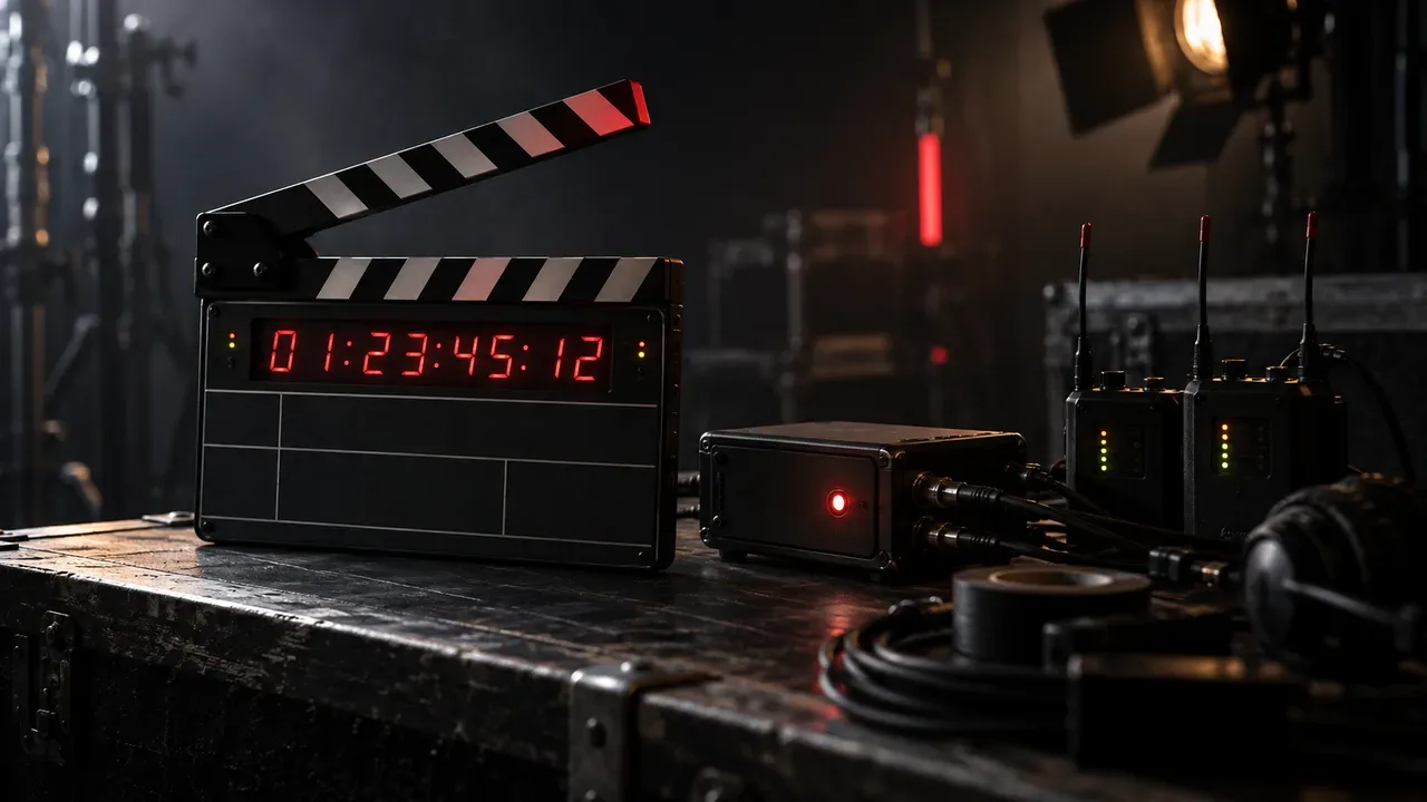 Estação técnica de sincronização de áudio e vídeo com claquete digital iluminada, módulos geradores de timecode e receptores sem fio
