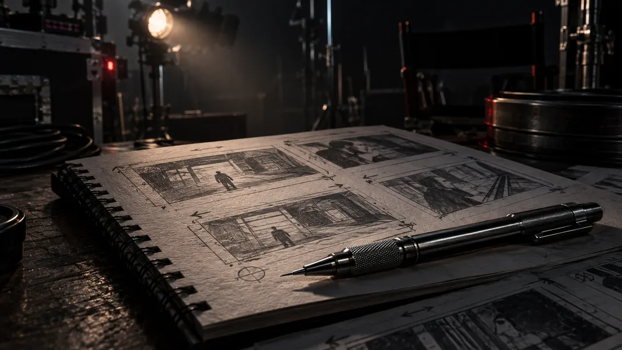 Prancheta técnica de storyboard com esboços em proporção widescreen, notas de enquadramento e caneta de precisão