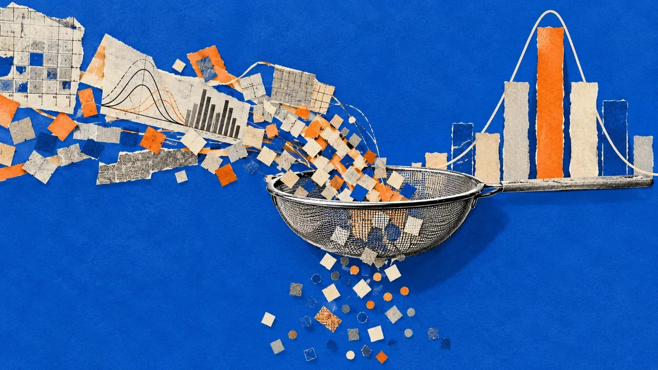 Colagem editorial representando a filtragem mecânica de matrizes de probabilidade de tokens