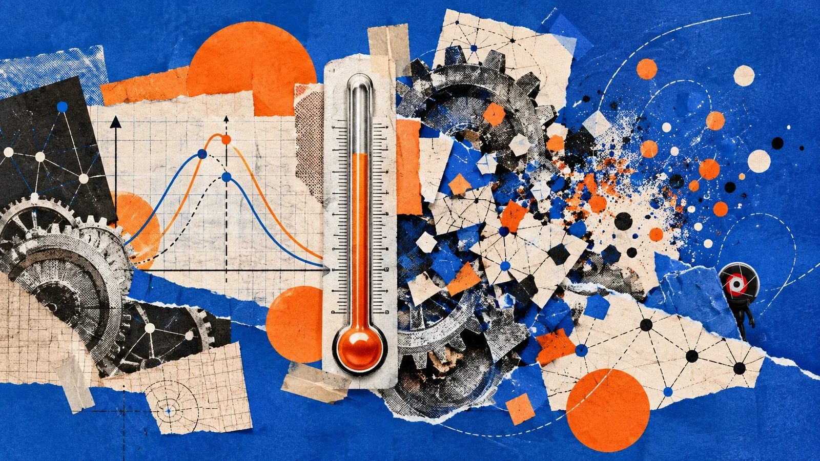 Colagem editorial sobre calibração de temperatura e distribuição de probabilidades em inteligência artificial