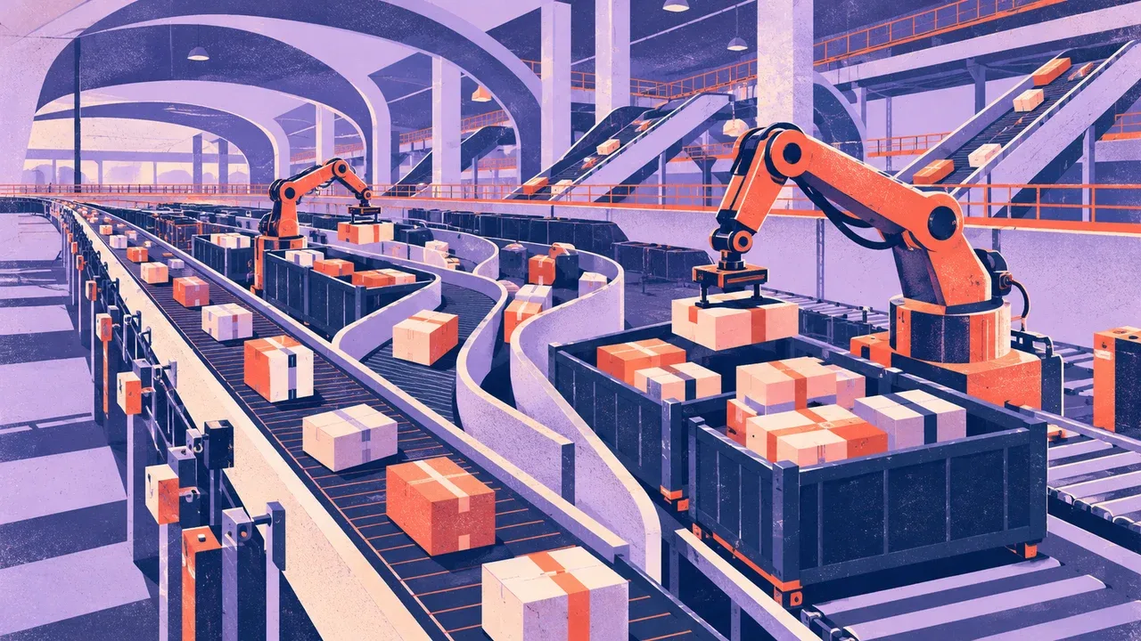 Ilustração em cartaz geométrico com esteiras e guindastes aéreos organizando módulos de mercadorias em centro de distribuição