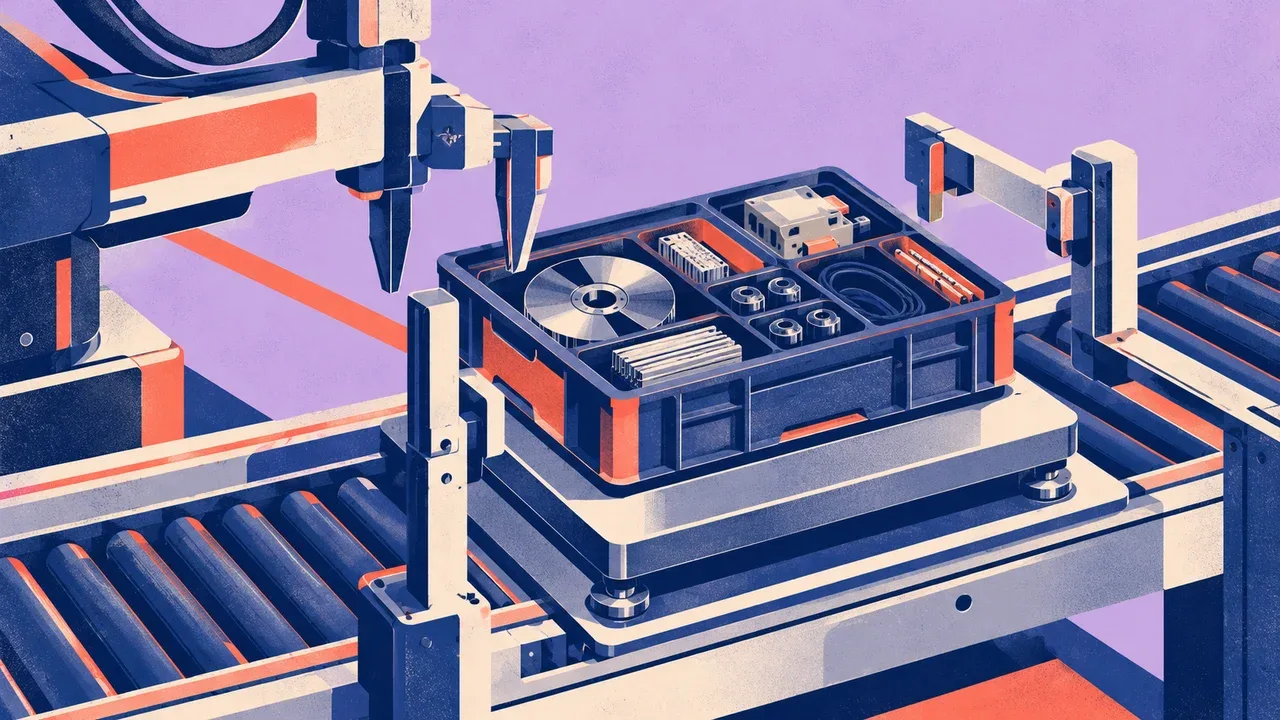 Composição geométrica detalhada destacando calibragem e empacotamento modular de produtos em plataforma de despacho