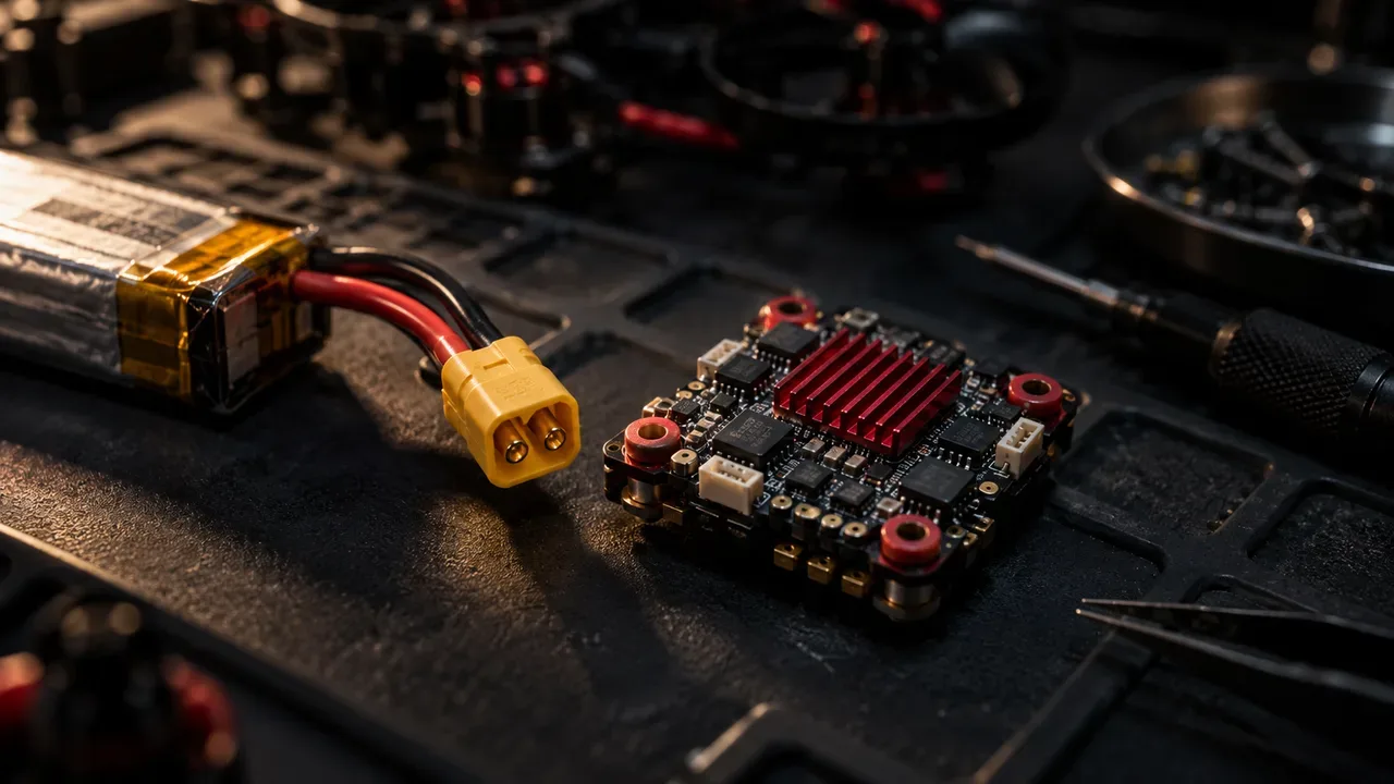 Conector de bateria BT2.0 e placa eletrônica All-in-One de micro drone em bancada técnica escura