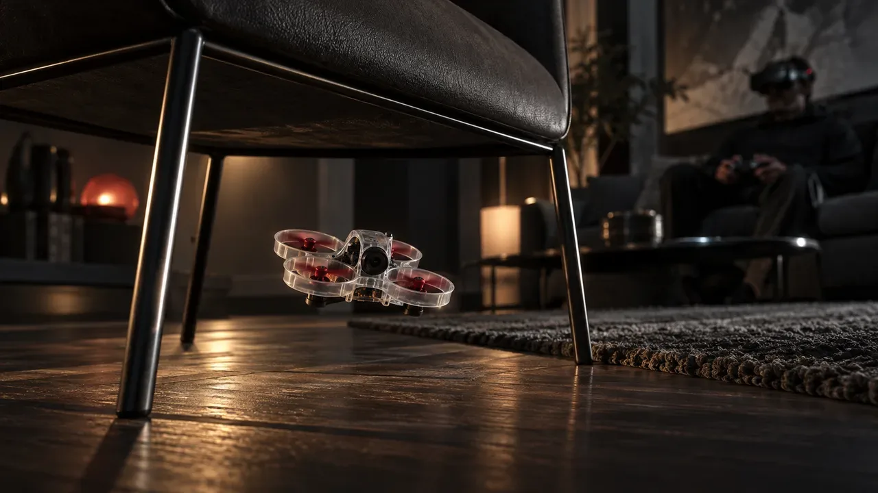 Tiny Whoop voando em ambiente residencial moderno com piloto ao fundo utilizando óculos FPV