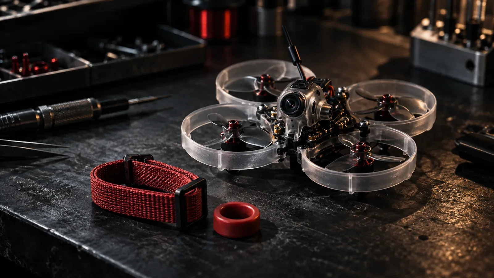 Micro drone FPV Tiny Whoop de 65 milímetros com dutos de proteção em bancada técnica escura