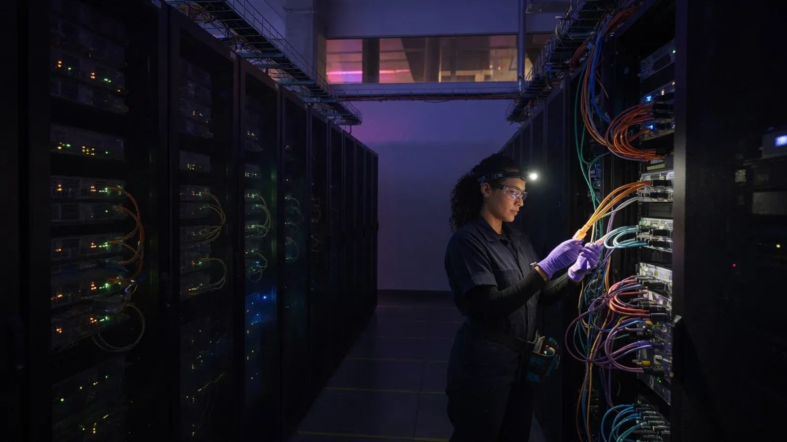 Engenheiro de inteligência artificial analisando métricas de treino em sala de servidores com iluminação noturna focada