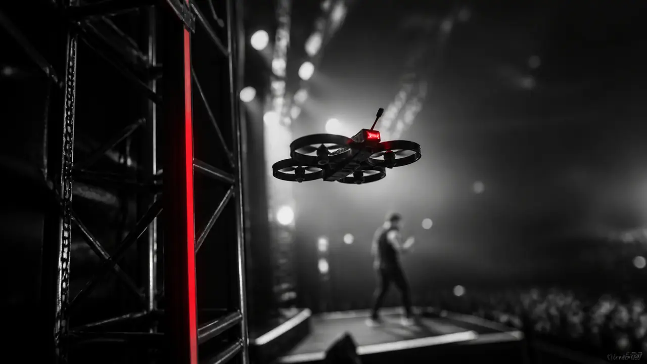 Cinegrafista registrando palco e plateia de festival ao ar livre com drone de câmera sobre o público