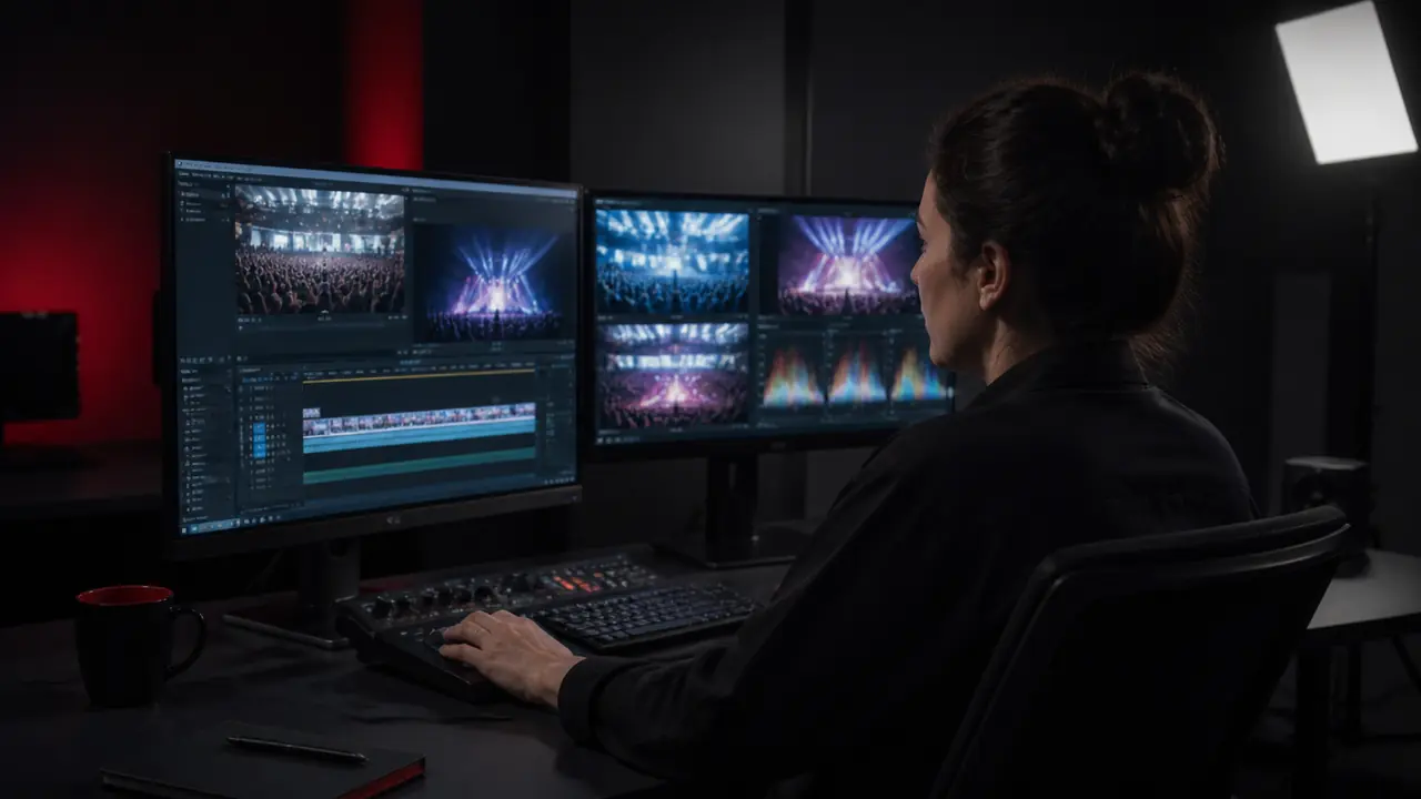 Editora selecionando cenas de show e plateia em estação de pós-produção de vídeo