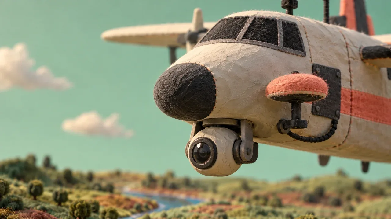 Detalhe frontal em miniatura de stop-motion com câmera esférica e antena de transmissão