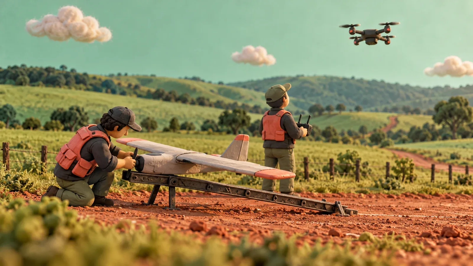 Cenário em miniatura de massinha com pista de terra batida e pequenas aeronaves não tripuladas