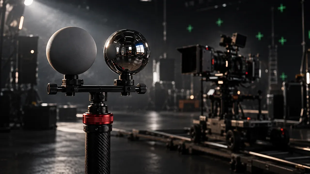 Supervisão de set de filmagem com esferas de calibração cromada e cinza neutra para aquisição de iluminação HDRI em efeitos visuais
