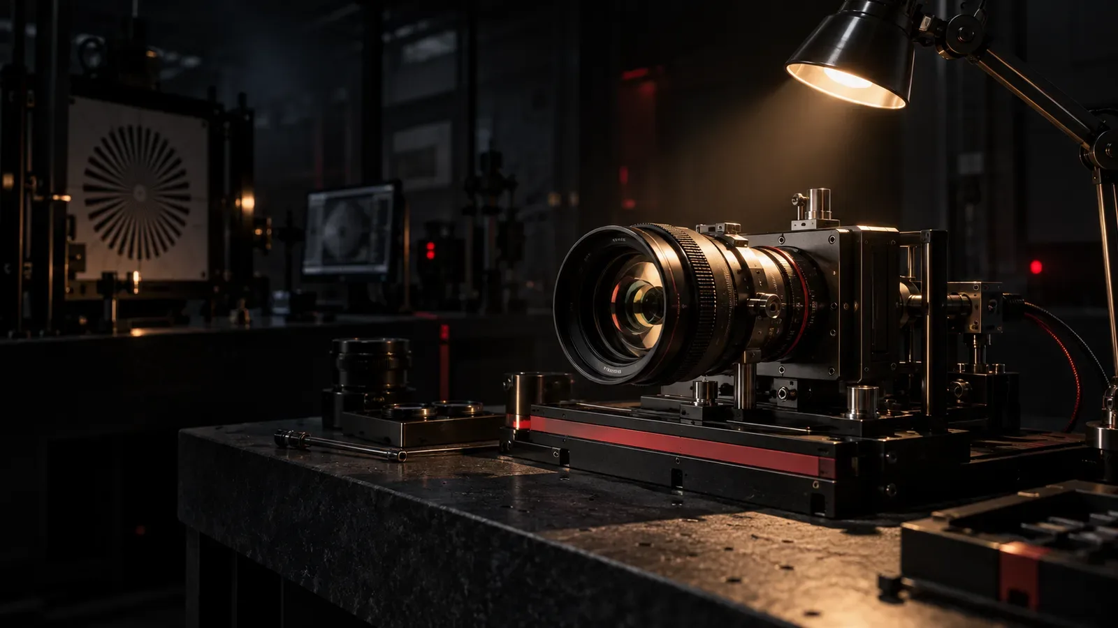 Bancada técnica de laboratório de visão computacional em chiaroscuro com lentes e faixa carmim
