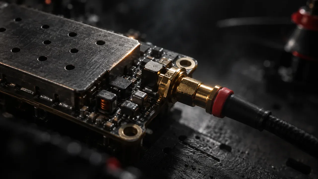 Estágio amplificador de potência de RF e conector coaxial de VTX com anel de silicone carmim em bancada técnica de testes