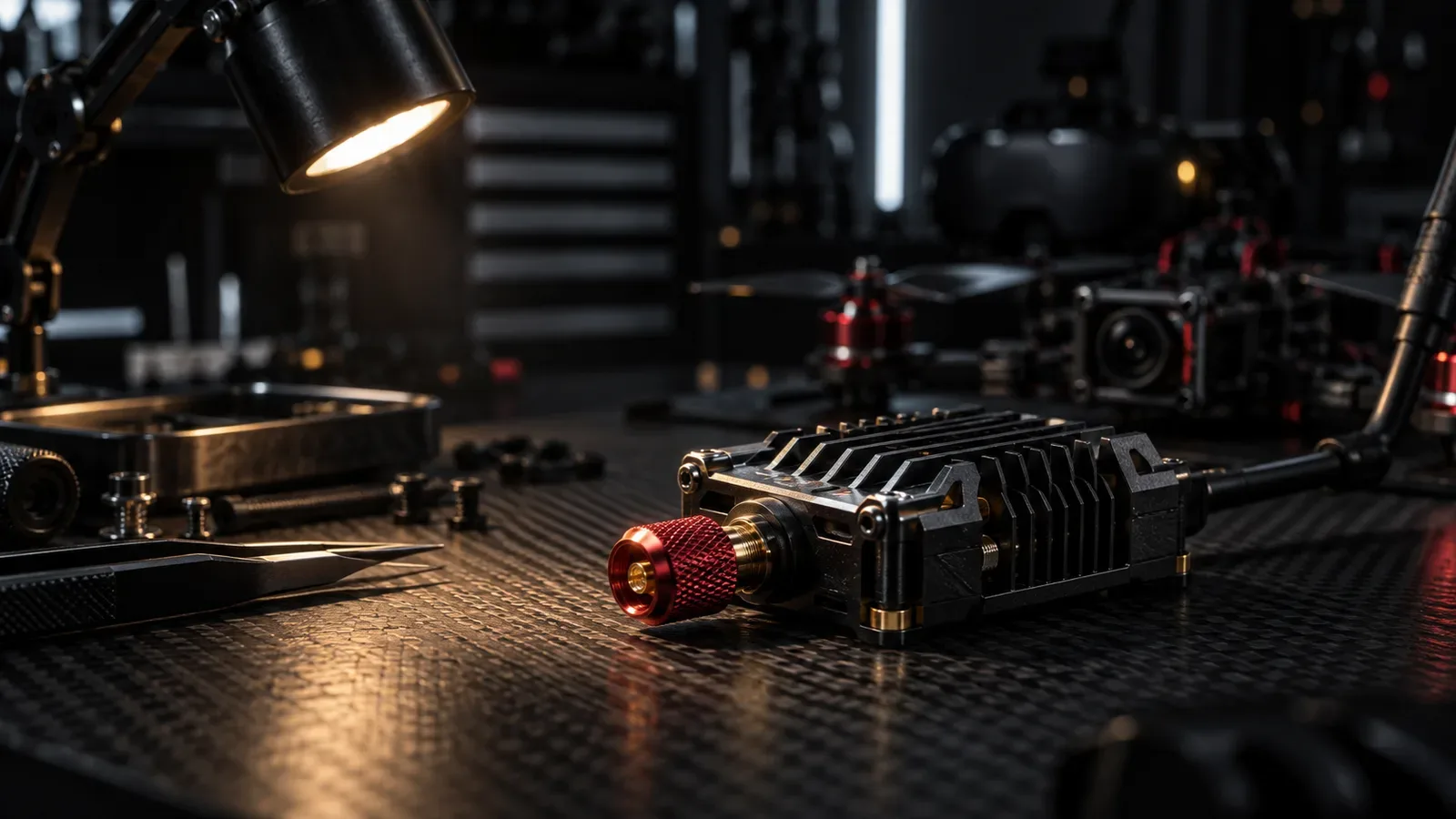 Módulo transmissor de vídeo VTX para drone FPV com dissipador em alumínio CNC e porca de antena anodizada carmim sobre bancada escura