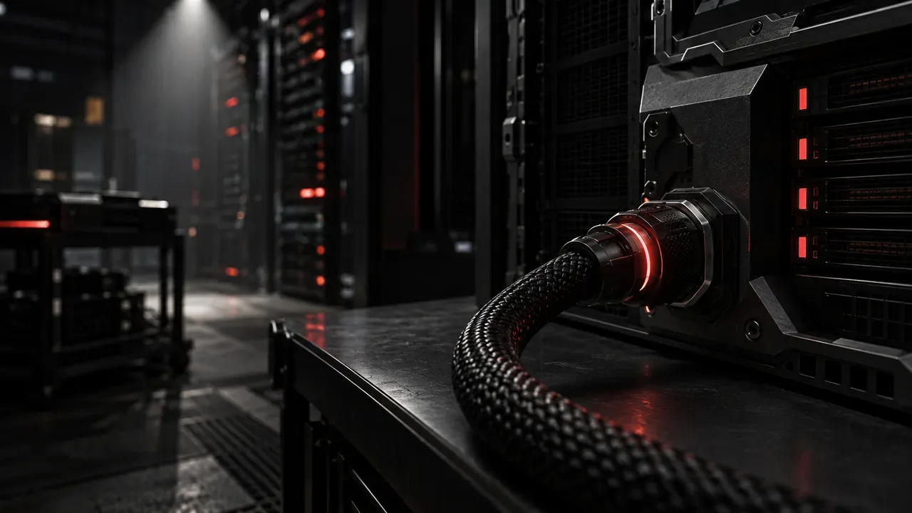 Console de processamento de filas e eventos em servidor com conduto arterial iluminado em primeiro plano