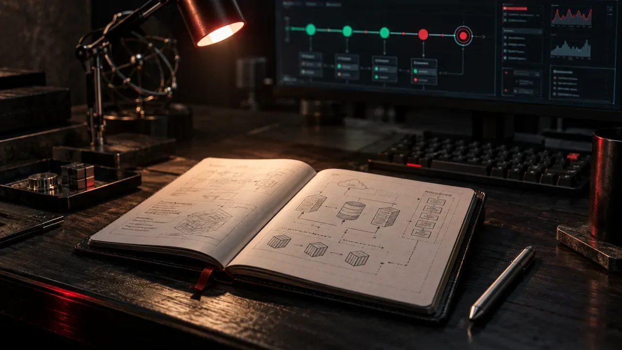 Bancada de engenharia e revisão de código com notebook de arquitetura e iluminação direcional focada