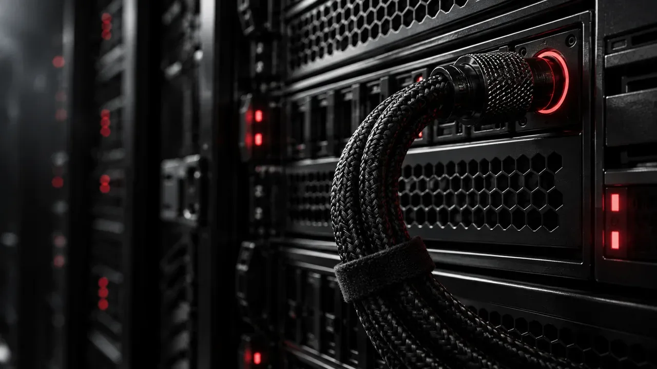Equipamento de diagnóstico e hardware de rede em bancada técnica corporativa com iluminação direcional
