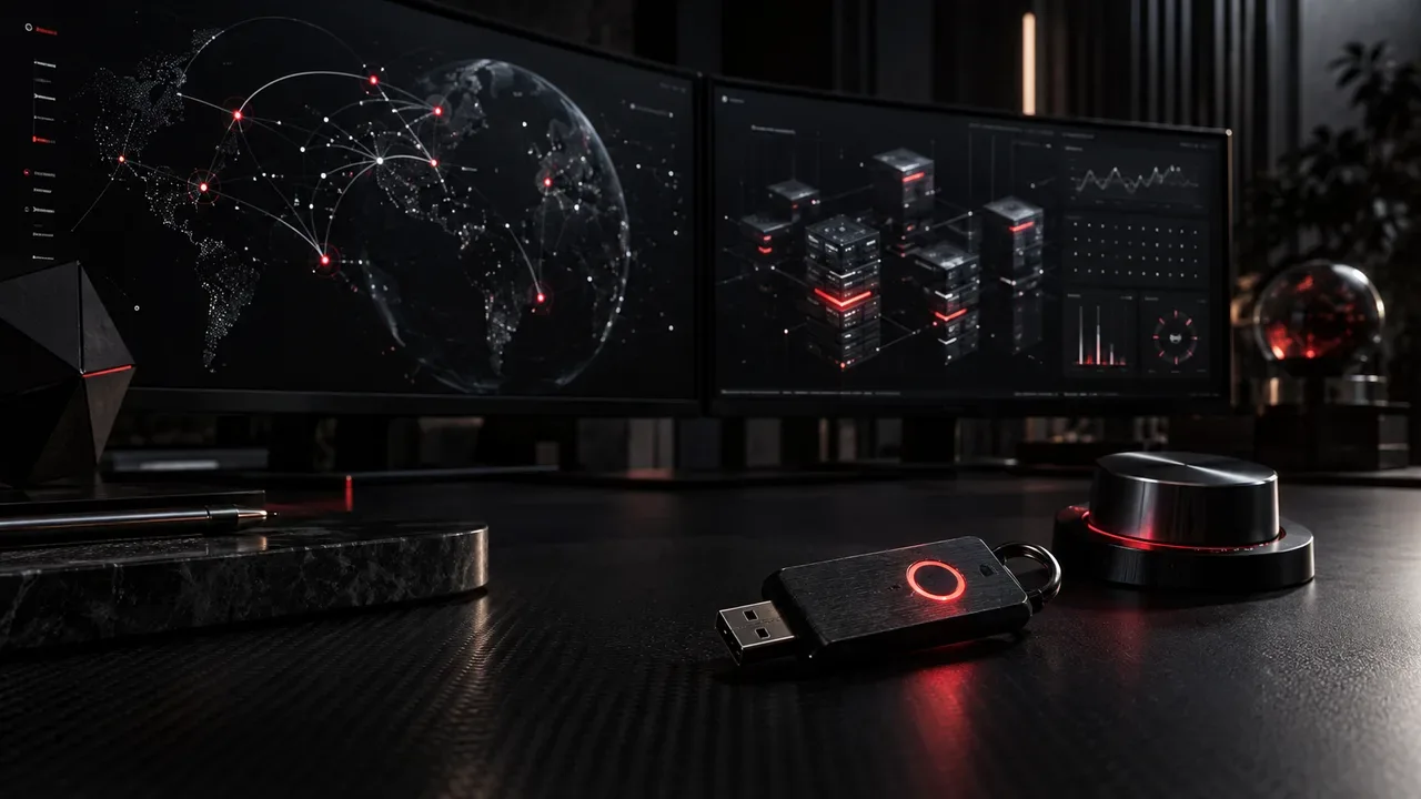Terminal de observabilidade e arquitetura corporativa com indicadores visuais em ambiente de tecnologia