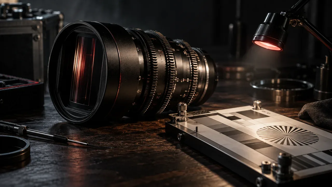 Mesa técnica de inspeção óptica e calibração de criativos audiovisuais com lente de cinema e cartão de cores