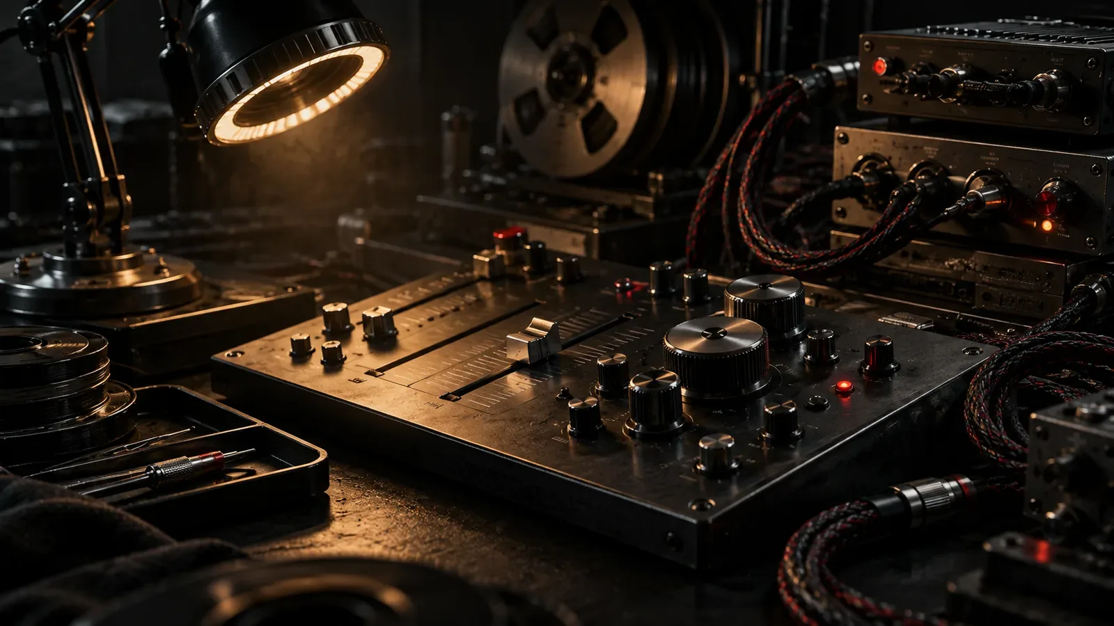 Console analógico de orquestração de sinais e dados de performance com knobs de calibração e fader em acento carmim