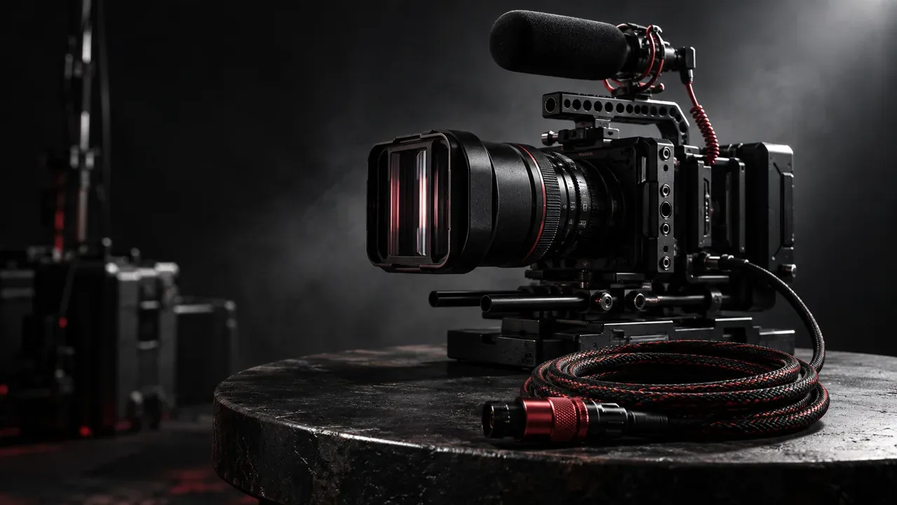 Mesa técnica de criação de roteiros e direção de cena de vídeo vertical sob iluminação cinematográfica direcionada