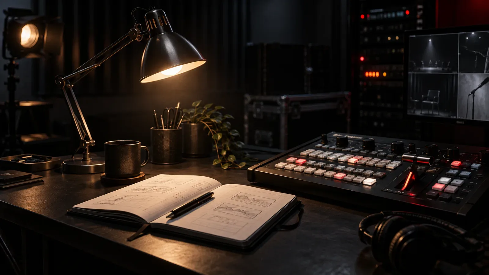 Console de planejamento editorial e monitoramento de canais sociais com iluminação de foco e acento carmim